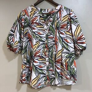 Christopher & Banks Linen Blend Tropical Button Blouse Womens XL Vacation Resort
